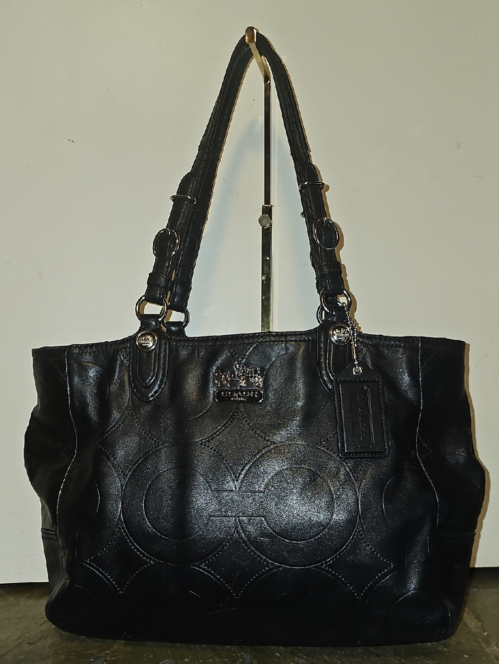 Coach Black Leather Embossed Signature Logo Big C Monogram Bag Tote 🖤